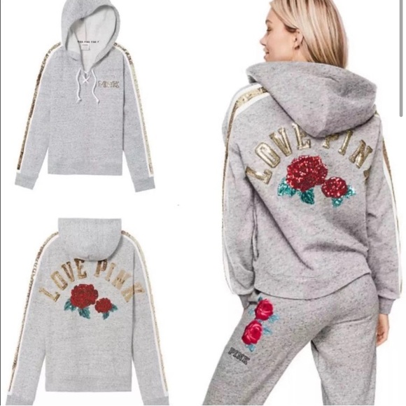 PINK VS ROSES BLING HOODIE / JOGGERS OUTFIT SET LARGE - Picture 1 of 10